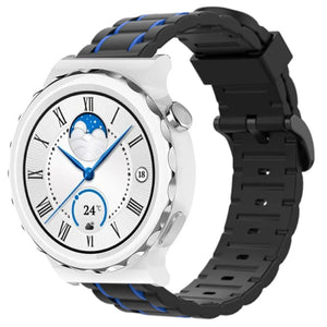 Silicone Strap 'Tough', black/blue, on a watch, 3/4 front view