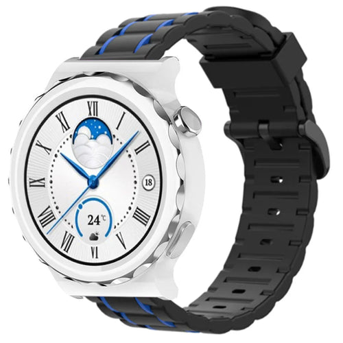 Silicone Strap 'Tough', black/blue, on a watch, 3/4 front view