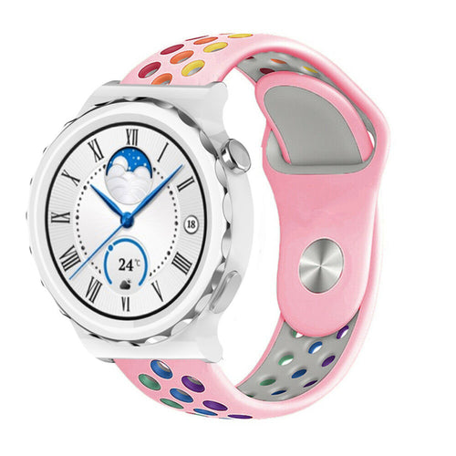Silicone Sport Strap, pink/colourful, on a watch, 3/4 front view