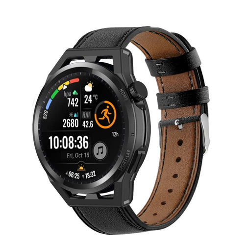 Modern Leather Strap, black, on a watch, 3/4 front view