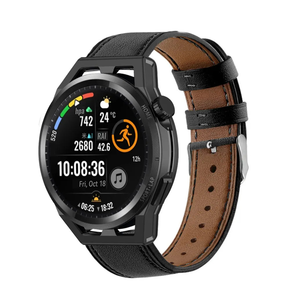 Modern Leather Strap, black, on a watch, 3/4 front view