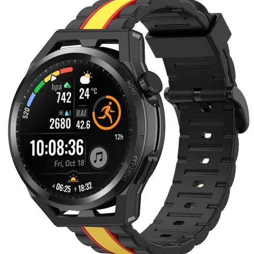 Silicone Special Edition Strap, black/yellow, on a watch, 3/4 front view