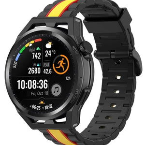 Silicone Special Edition Strap, black/yellow, on a watch, 3/4 front view