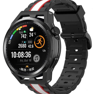 Silicone Special Edition Strap, black/white, on a watch, 3/4 front view