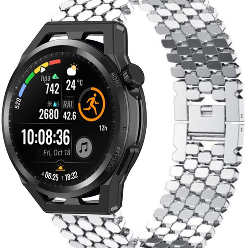 Steel Strap Hexagons, silver, on a watch, 3/4 front view