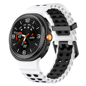 Silicone Ocean Strap, white/black, on a watch, 3/4 front view
