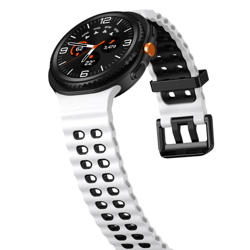 Silicone Ocean Strap, white/black, on a watch, 3/4 front view