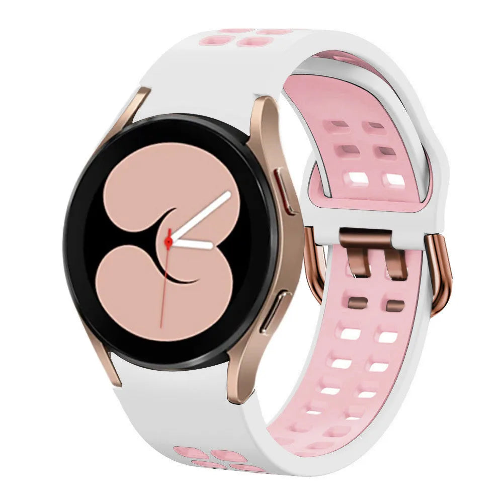 Silicone Squared Sport Strap, white/pink, on a watch, 3/4 front view