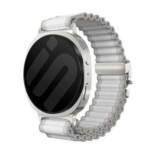 Outdoor Nylon Strap with P-Buckle, white with silver, on a watch, 3/4 front view