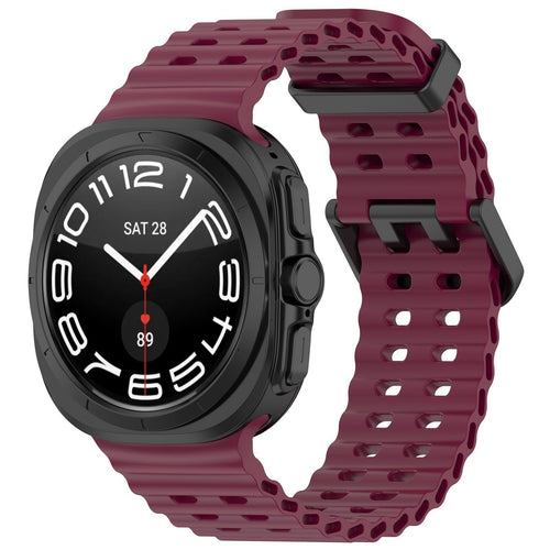 Silicone Ocean Strap, wine red, on a watch, 3/4 front view