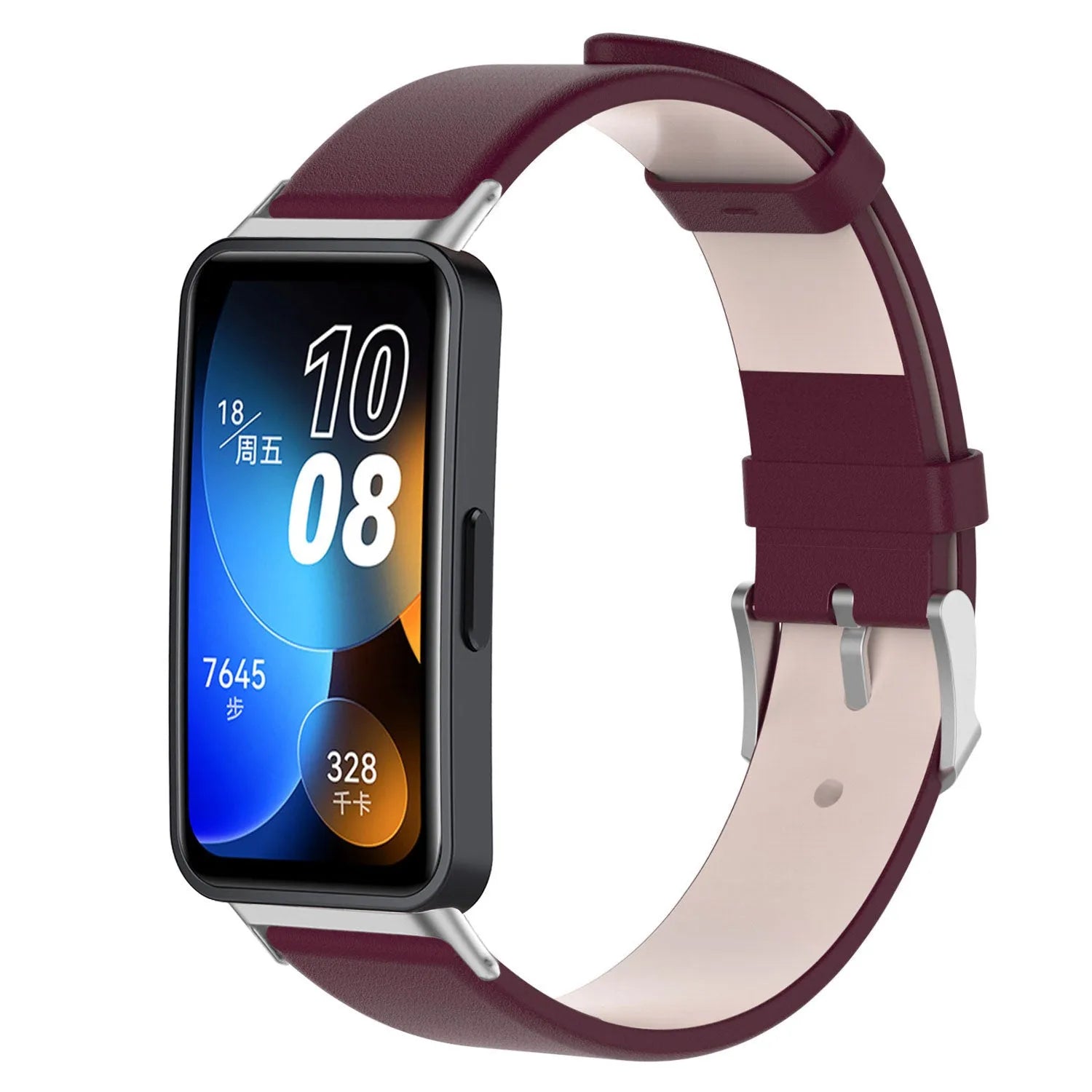 Leather Strap, wine red, on a watch, 3/4 front view