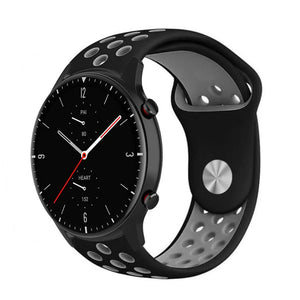 Silicone Sport Strap, black/grey, on a watch, 3/4 front view