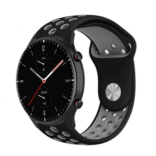 Silicone Sport Strap, black/grey, on a watch, 3/4 front view