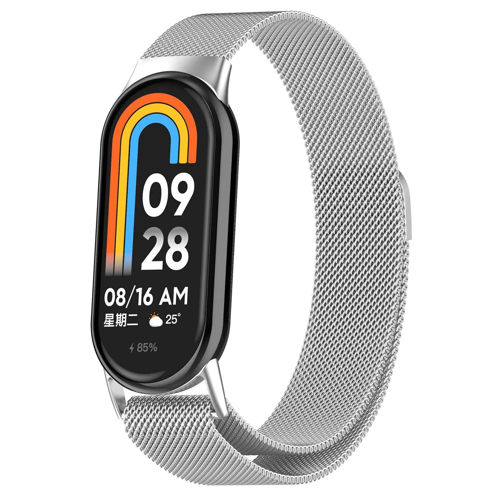 Milanese Strap, silver, on a watch, 3/4 front view
