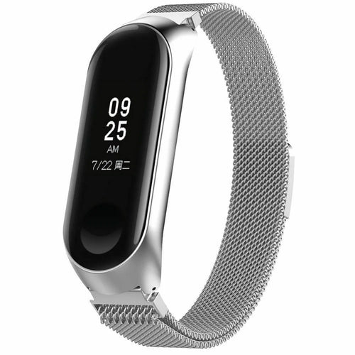 Milanese Strap, silver, on a watch, 3/4 front view