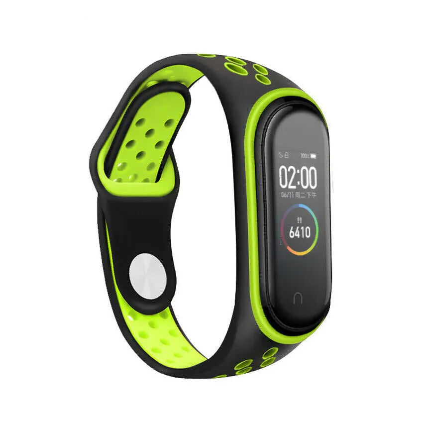 Silicone Sport Strap, black/green, on a watch, 3/4 front view