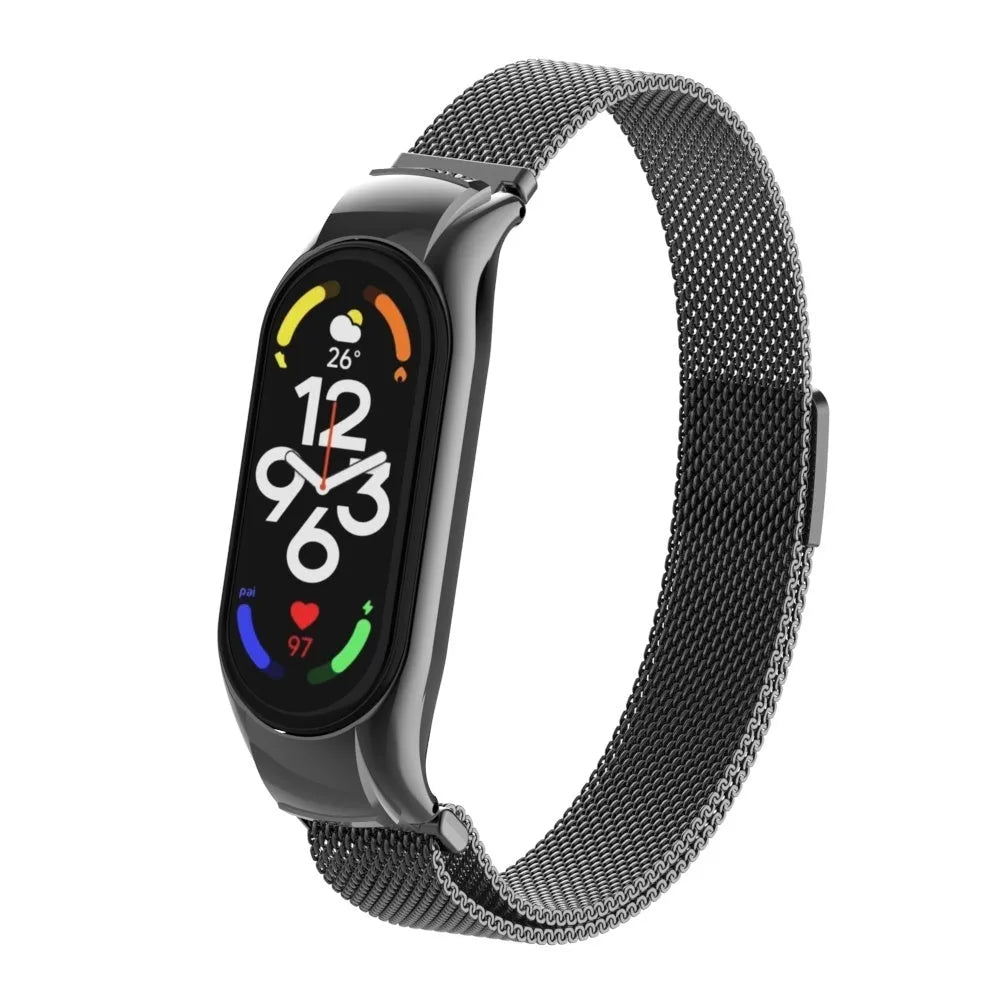 Milanese Strap, black, on a watch, 3/4 front view