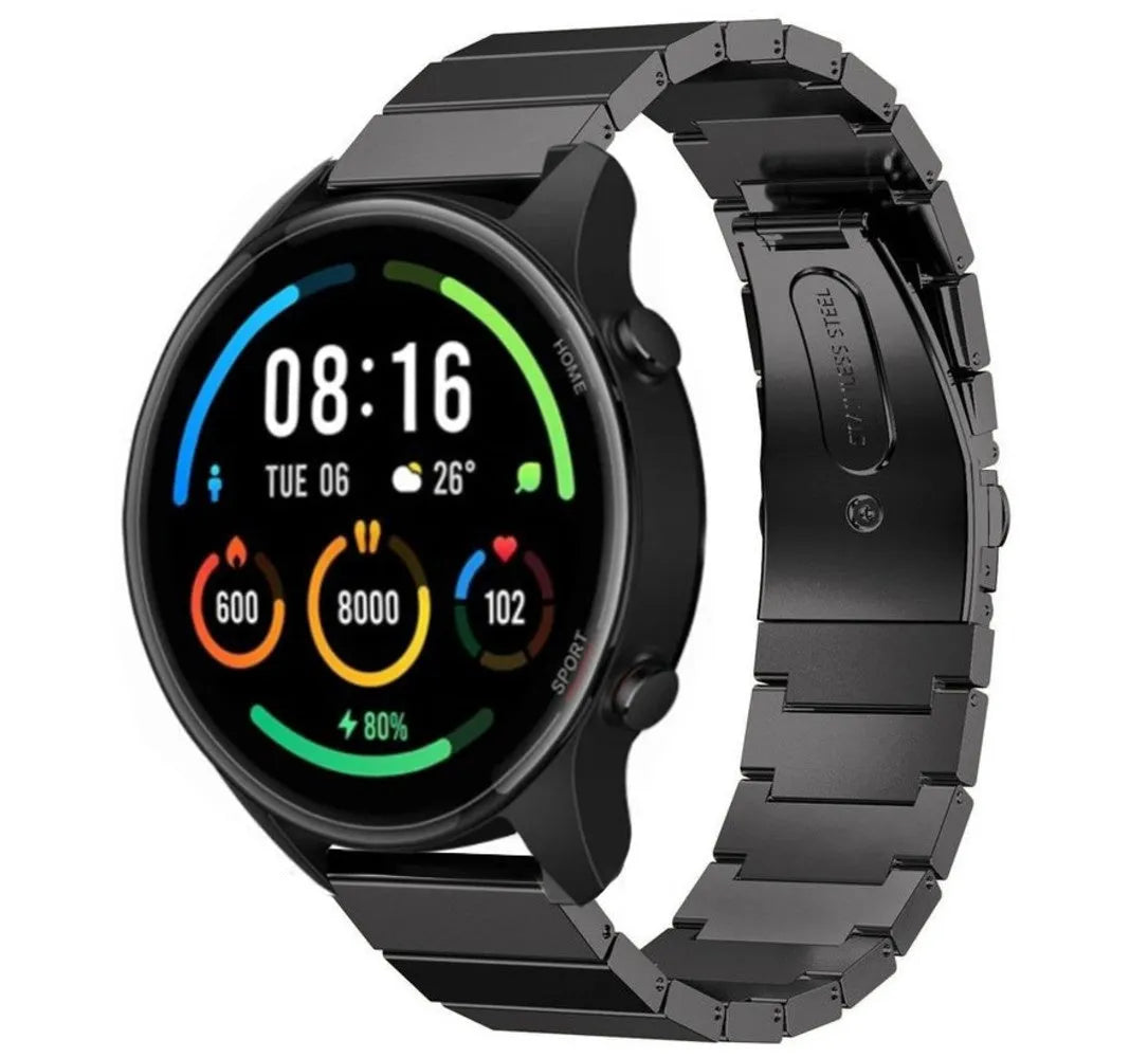 Premium Metal Strap, black, on a watch, 3/4 front view