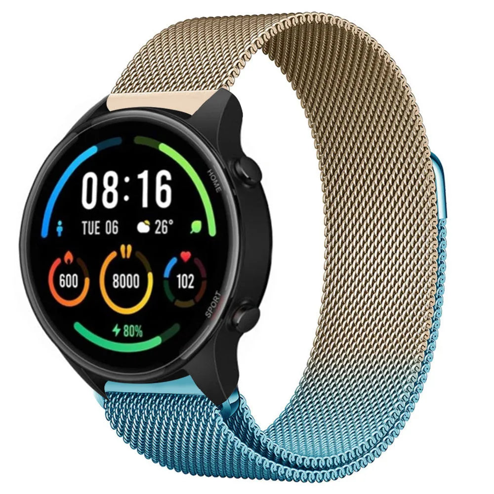 Milanese Strap, blue/gold, on a watch, 3/4 front view
