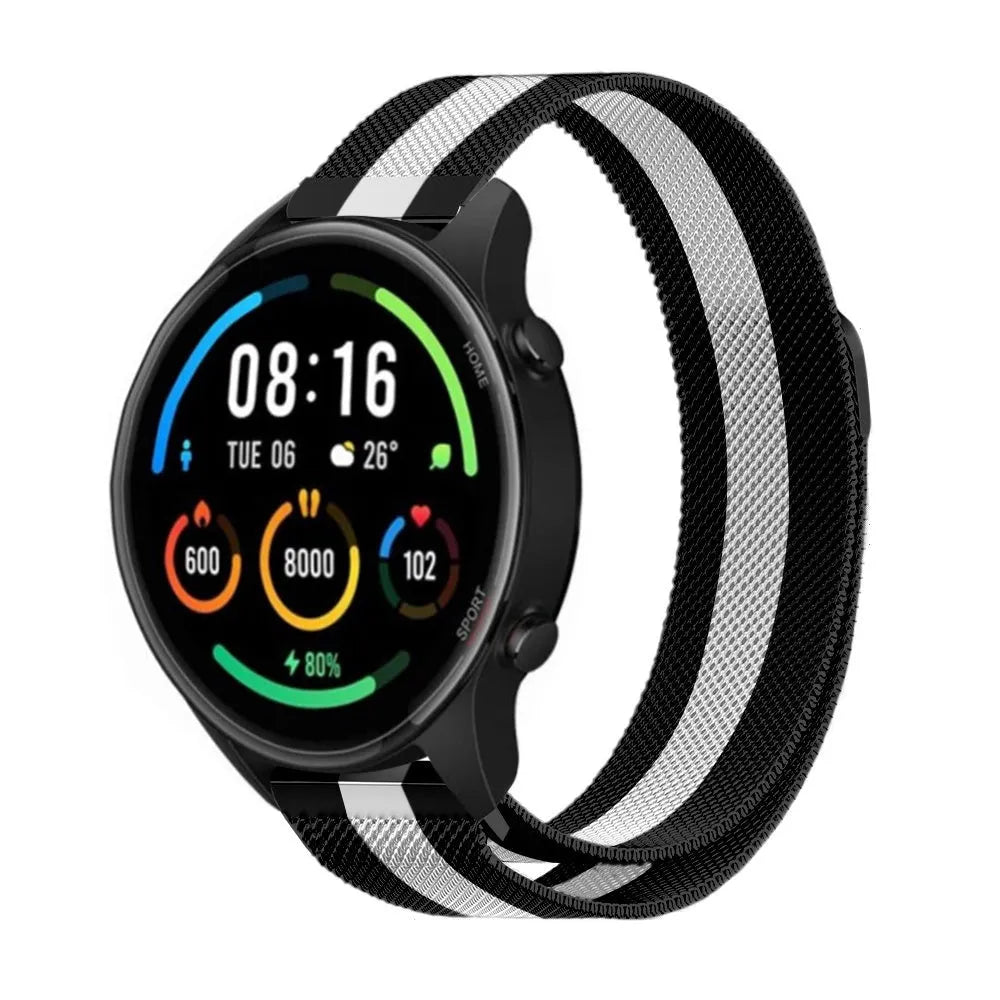 Milanese Strap, black/white, on a watch, 3/4 front view