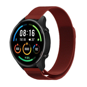 Milanese Strap, red, on a watch, 3/4 front view