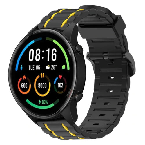 Silicone Sport Strap with Buckle, black/yellow, on a watch, 3/4 front view