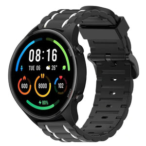 Silicone Sport Strap with Buckle, black/white, on a watch, 3/4 front view
