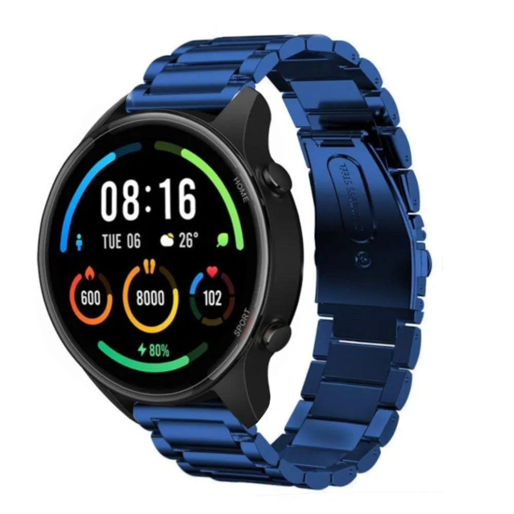 Steel Strap, blue, on a watch, 3/4 front view