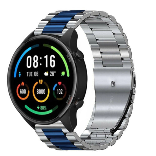 Steel Strap, silver/blue, on a watch, 3/4 front view