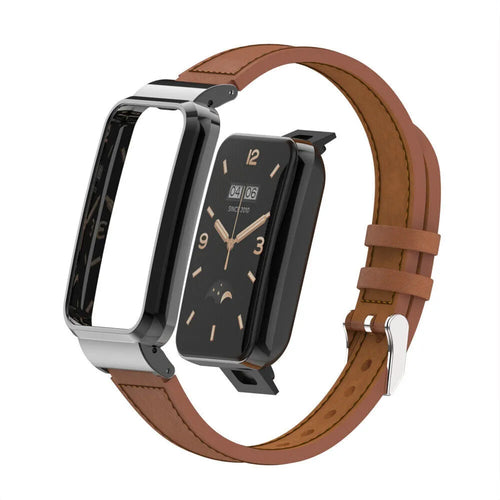 Leather Strap, brown, on a watch, 3/4 front view
