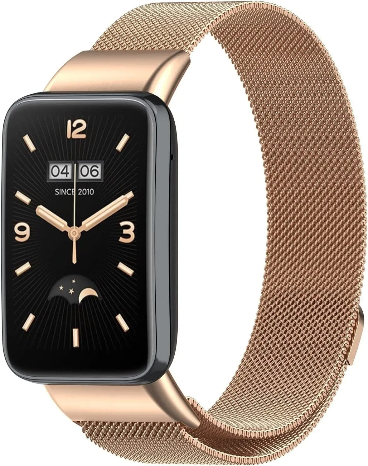 Milanese Strap, rose gold, on a watch, 3/4 front view