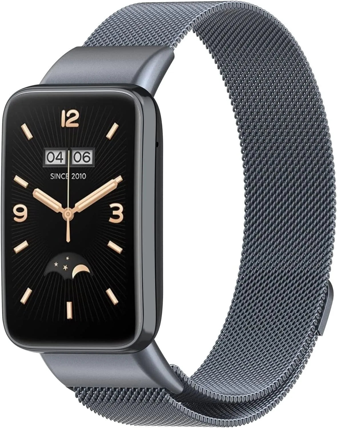 Milanese Strap, space grey, on a watch, 3/4 front view