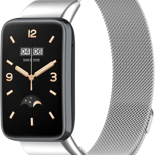 Milanese Strap, silver, on a watch, 3/4 front view