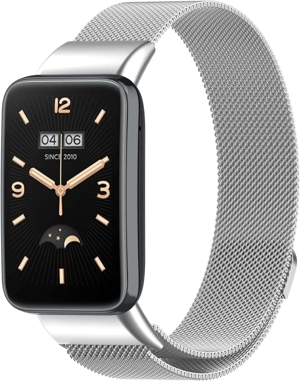 Milanese Strap, silver, on a watch, 3/4 front view