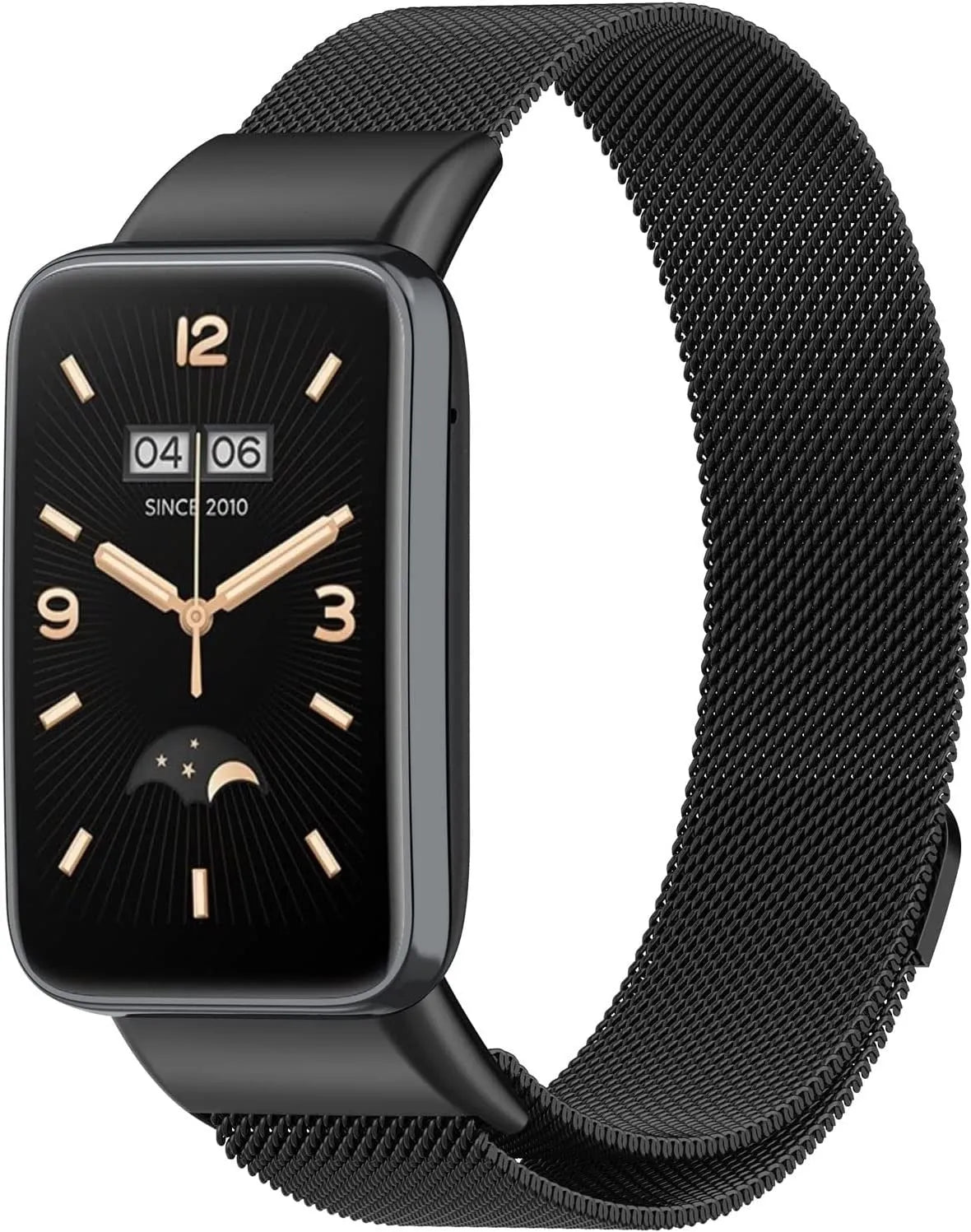 Milanese Strap, black, on a watch, 3/4 front view