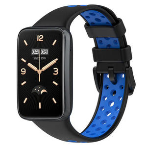 Silicone Sport Strap, black/blue, on a watch, 3/4 front view