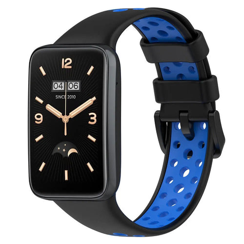 Silicone Sport Strap, black/blue, on a watch, 3/4 front view
