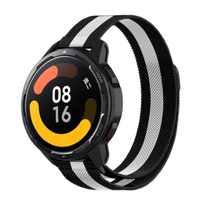 Milanese Strap, black/white, on a watch, 3/4 front view