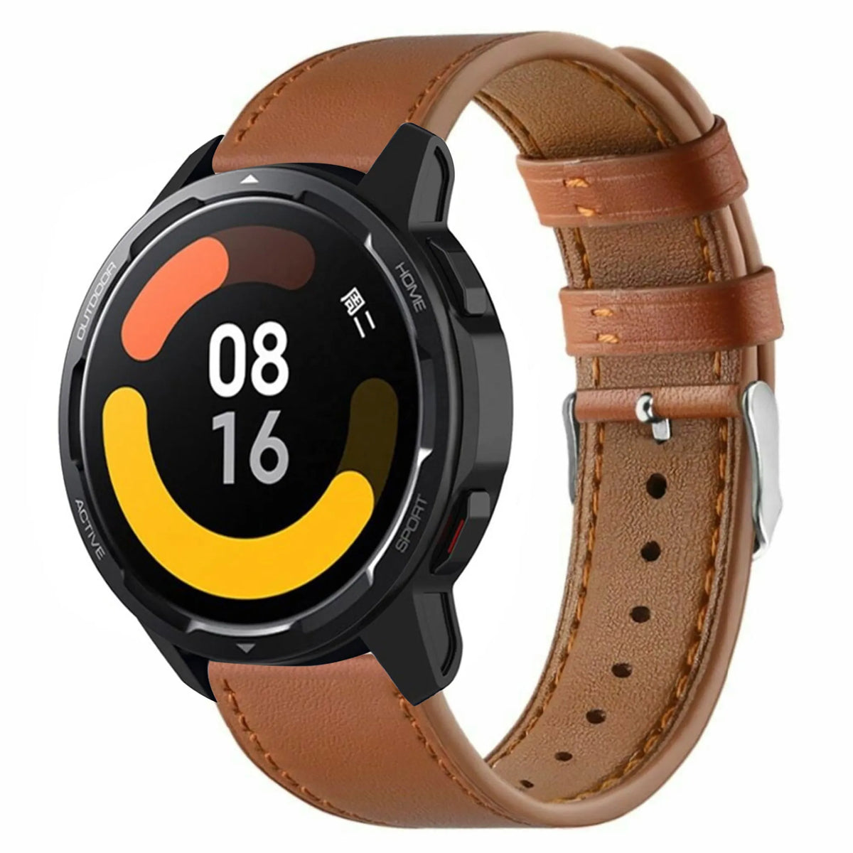 Modern Leather Strap, brown, on a watch, 3/4 front view