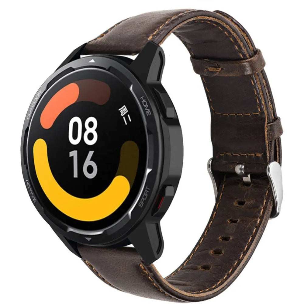 Leather Strap, dark brown, on a watch, 3/4 front view