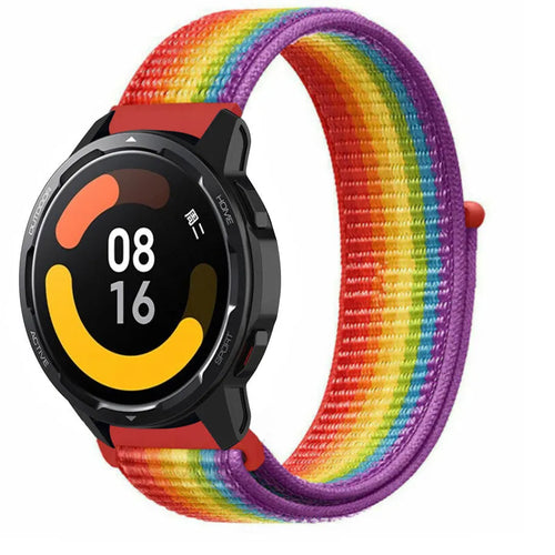 Nylon Strap, rainbow, on a watch, 3/4 front view