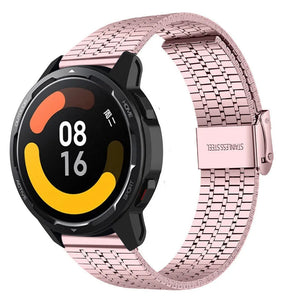Fine Steel Strap, pink, on a watch, 3/4 front view