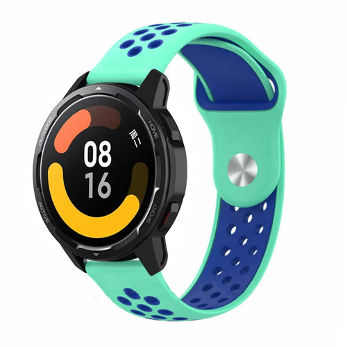 Silicone Sport Strap, aqua/blue, on a watch, 3/4 front view