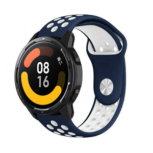 Silicone Sport Strap, blue/white, on a watch, 3/4 front view