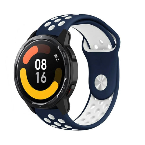 Silicone Sport Strap, blue/white, on a watch, 3/4 front view