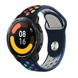 Silicone Sport Strap, dark blue/colourful, on a watch, 3/4 front view