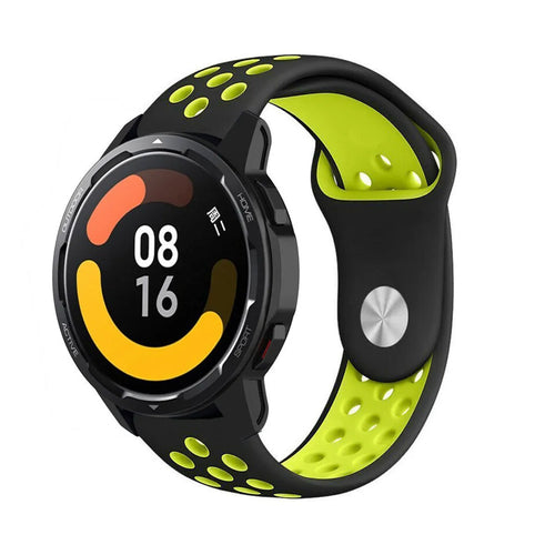 Silicone Sport Strap, black/yellow, on a watch, 3/4 front view