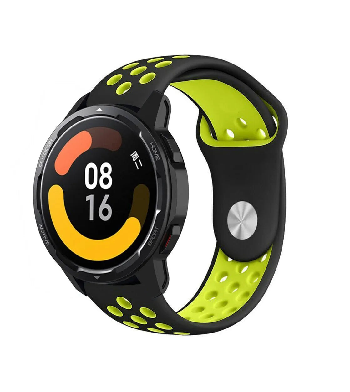 Silicone Sport Strap, black/yellow, on a watch, 3/4 front view