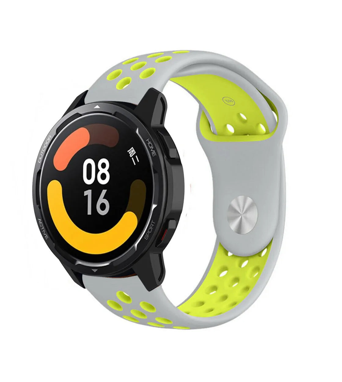 Silicone Sport Strap, grey/yellow, on a watch, 3/4 front view
