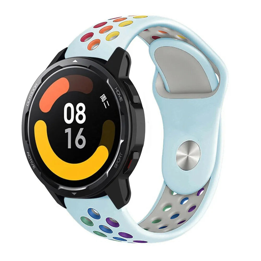 Silicone Sport Strap, light blue/colourful, on a watch, 3/4 front view